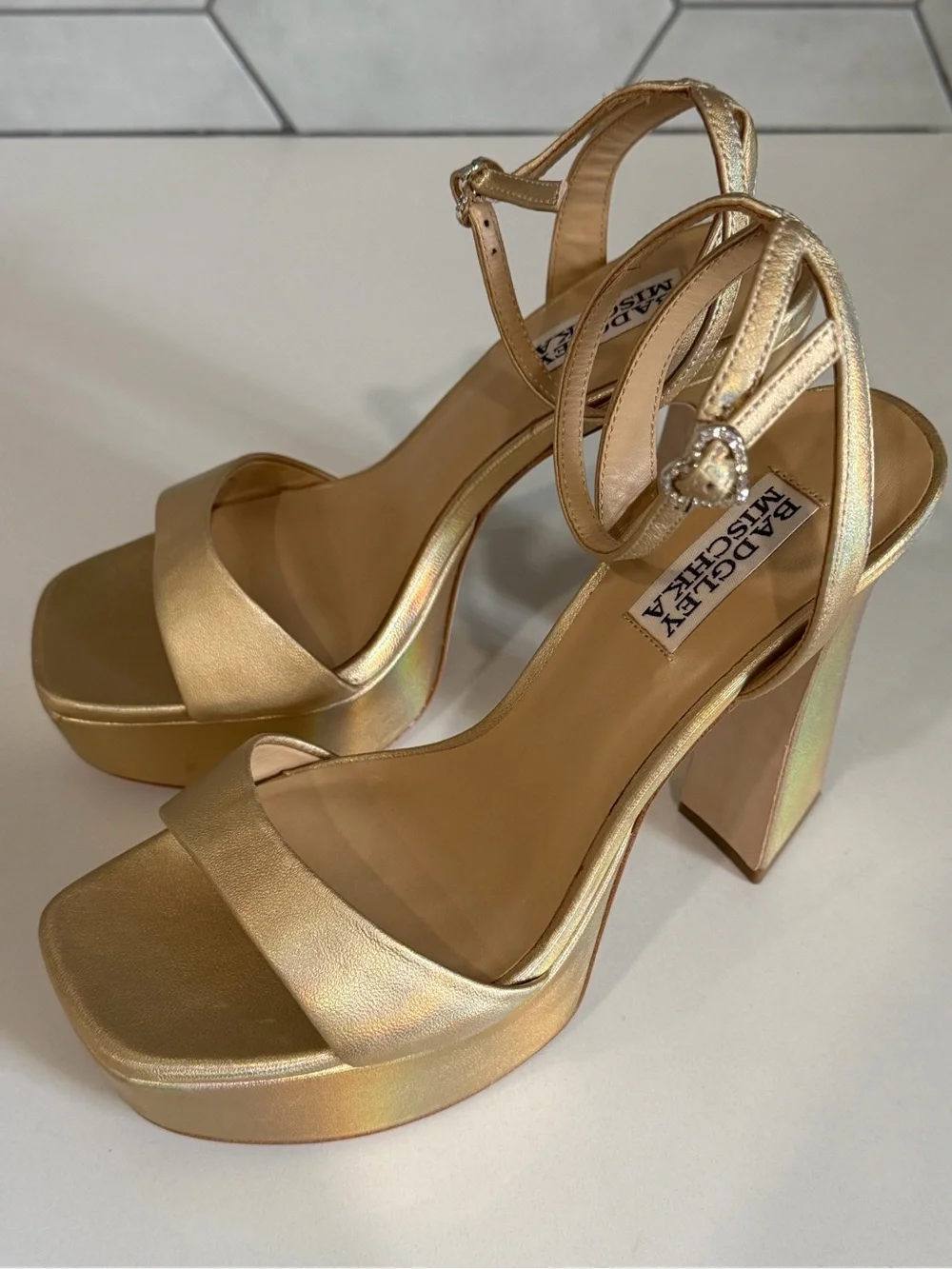 Badgley Mischka Gold Platform Sandal Block Heel